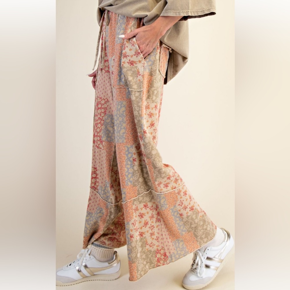 EASEL Patchwork Floral Wide-Leg Pants in Peach, Sage, Blue & Cream